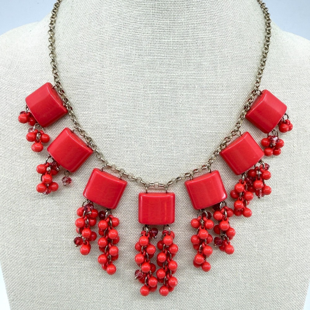 Bold Red Square Bead Statement Necklace Tiered Fringe Boho Festival Layering